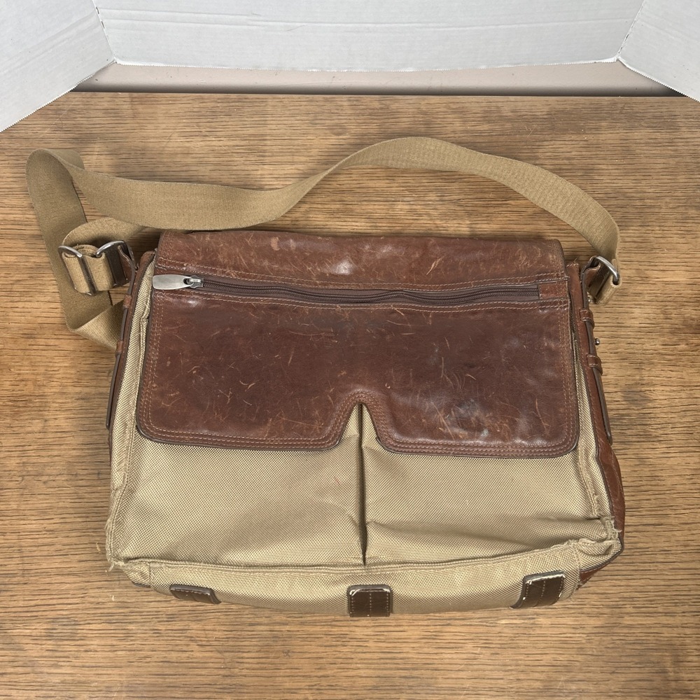 Fossil Messenger Bag‎ Men's Green Brown Nylon Leather Case Carry Distressed